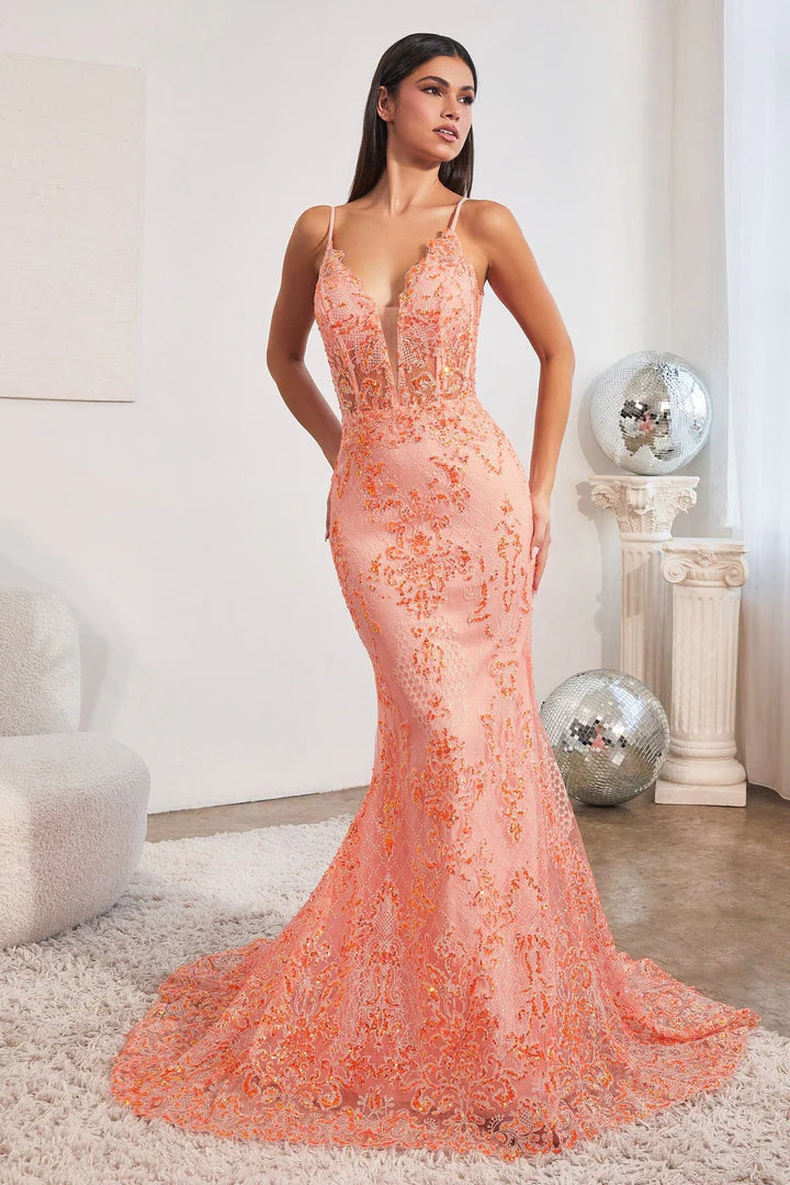 Cinderella Divine GLITTER PRINT V-NECK MERMAID GOWN CC2189