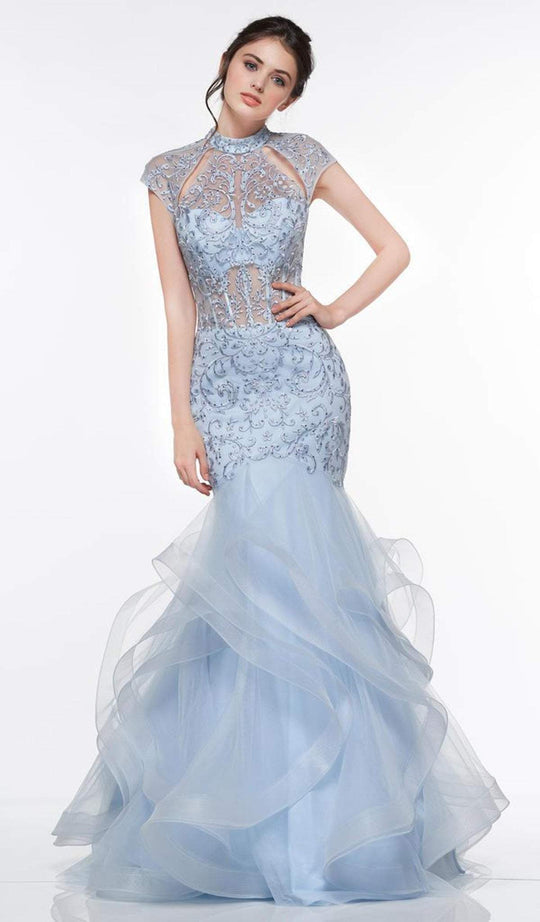 Colors High Neck Ruffled Trumpet ultra-elegant ensemble Dress G842