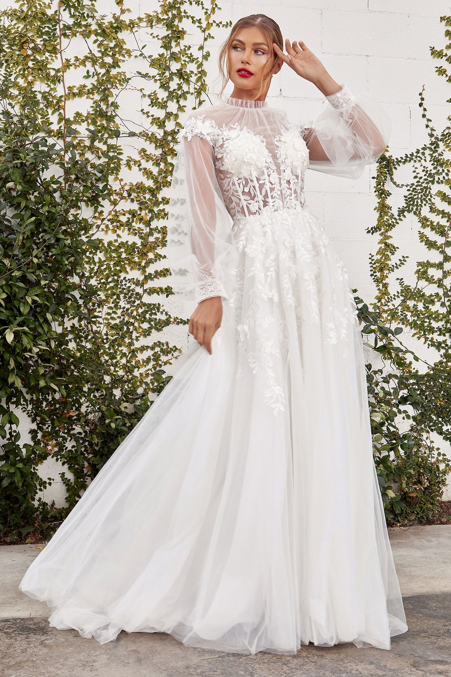 Andrea Leo - Kate High Neck Pouf Sleeve Sophisticated Wedding Gown Style #A1074W