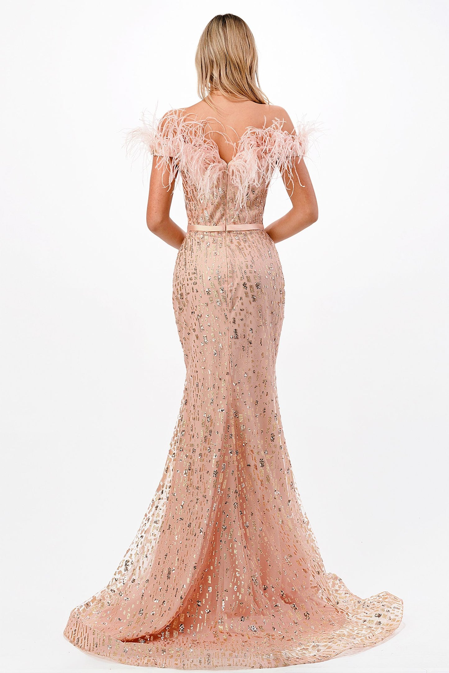 Cinderella Divine - Feather Off The Shoulder Gown CB082