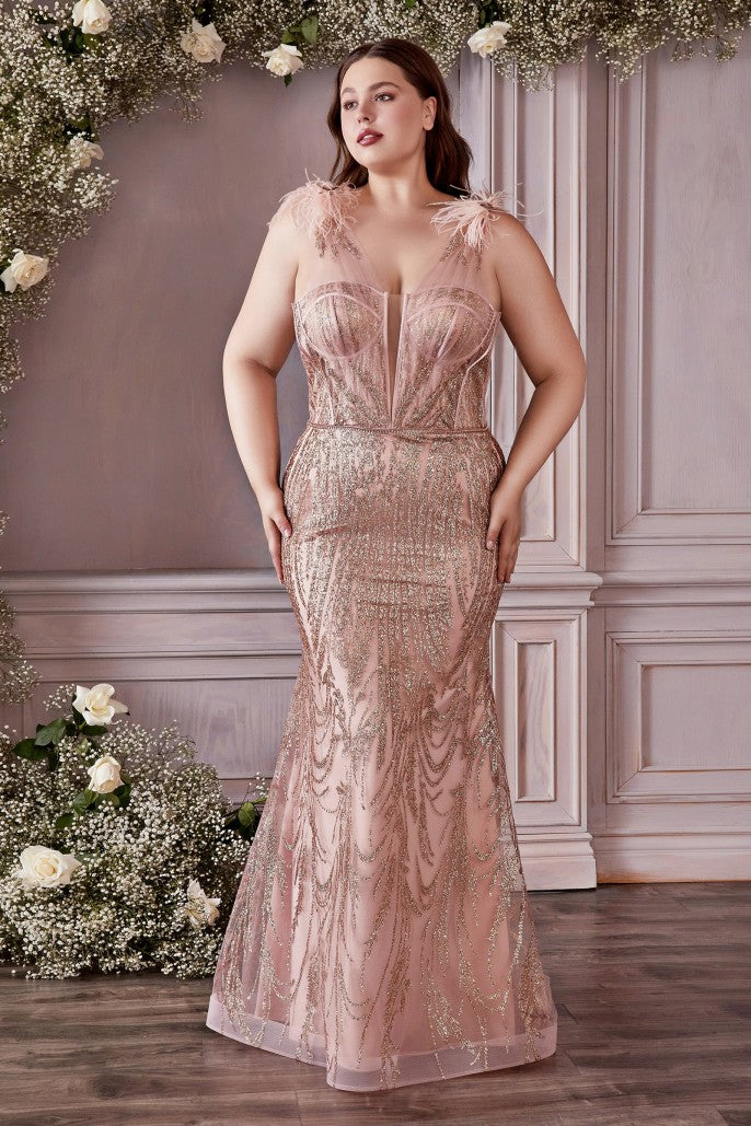 Cinderella Divine Fitted Glitter and Feather Gown CB087C