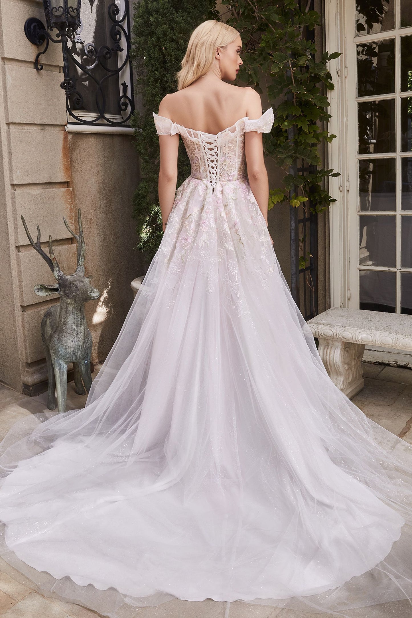 Andrea Leo - Elois White with Flower Detailed Garden Evening Dress Style #A1090