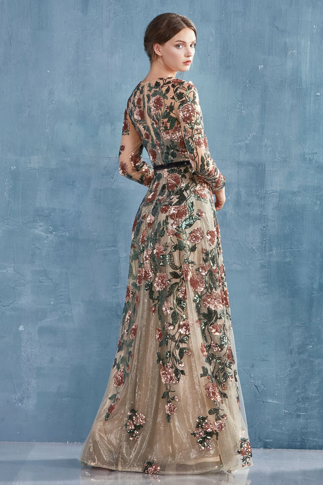 Andrea Leo - Savannah Sequin Flower Detailed Copper Evening Dress Style #A0926