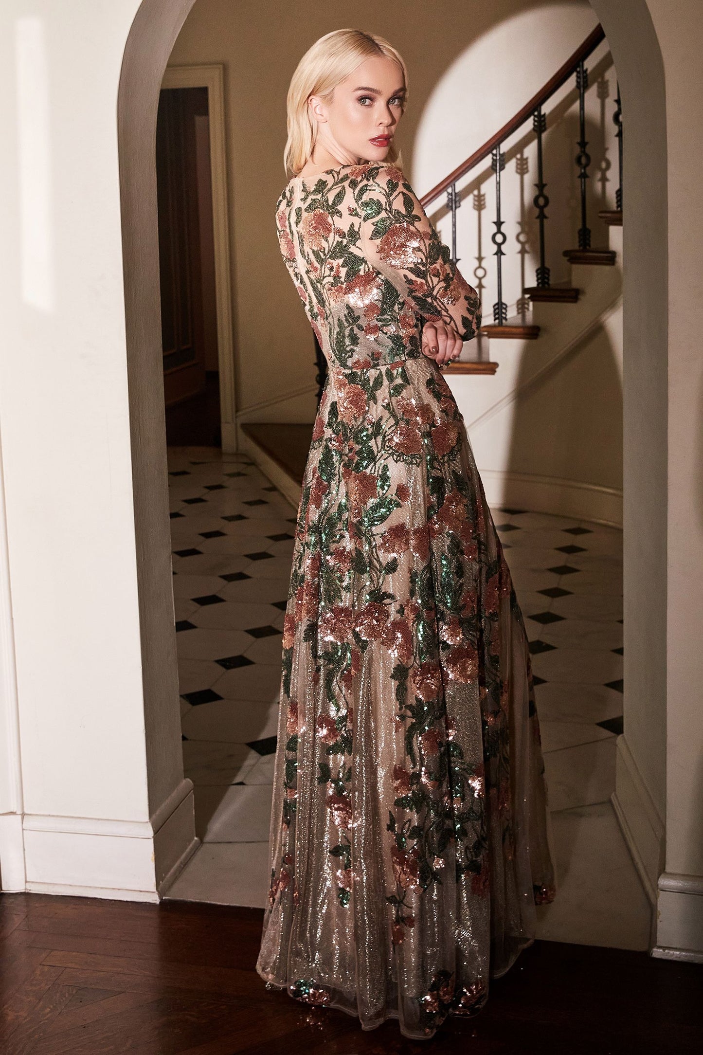 Andrea Leo - Savannah Sequin Flower Detailed Copper Evening Dress Style #A0926