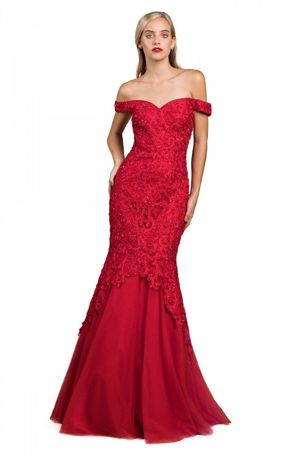 Andrea Leo Long off Shoulder Lace Mermaid Dress with corset back A0401