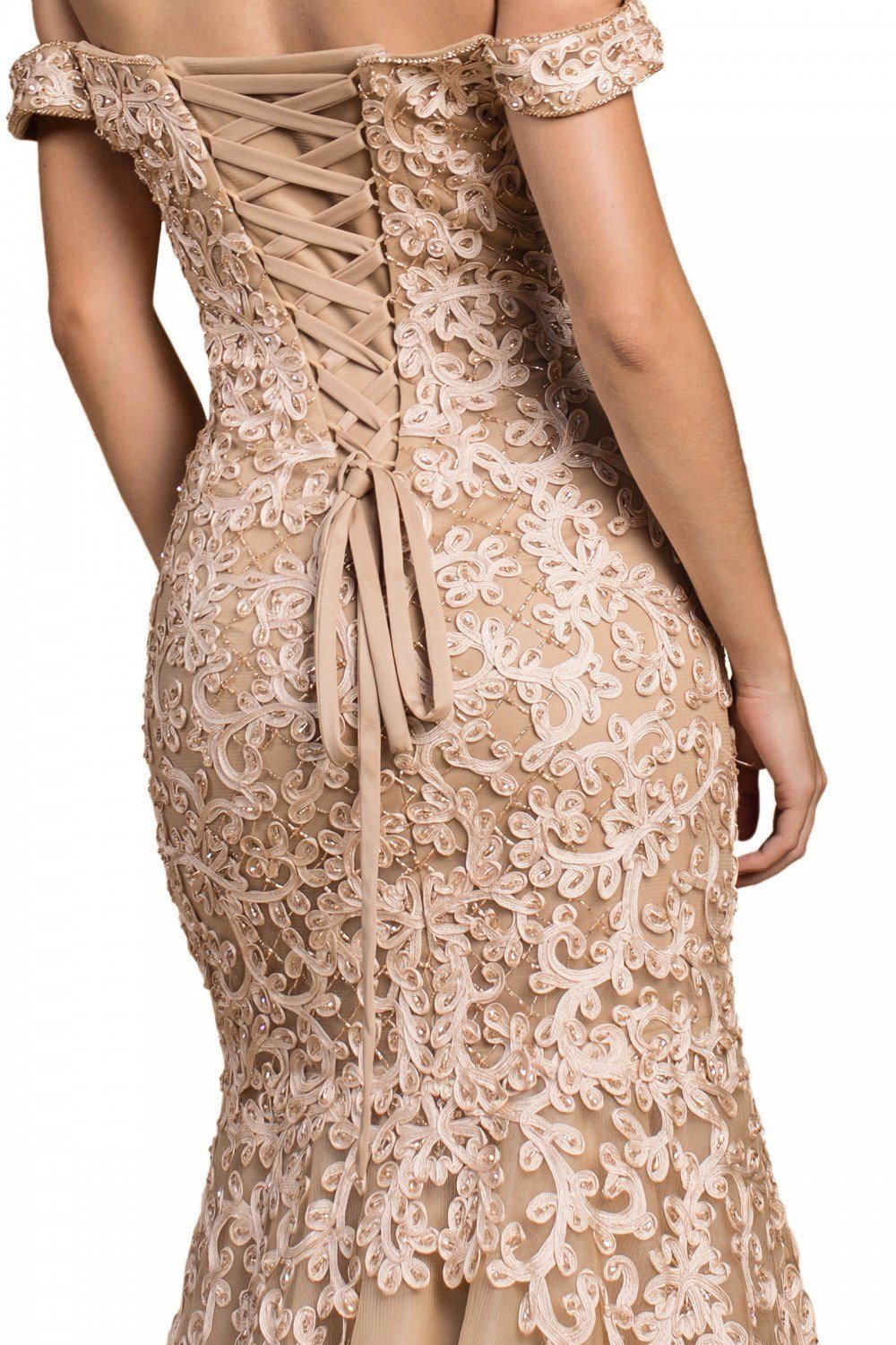 Andrea Leo Long off Shoulder Lace Mermaid Dress with corset back A0401