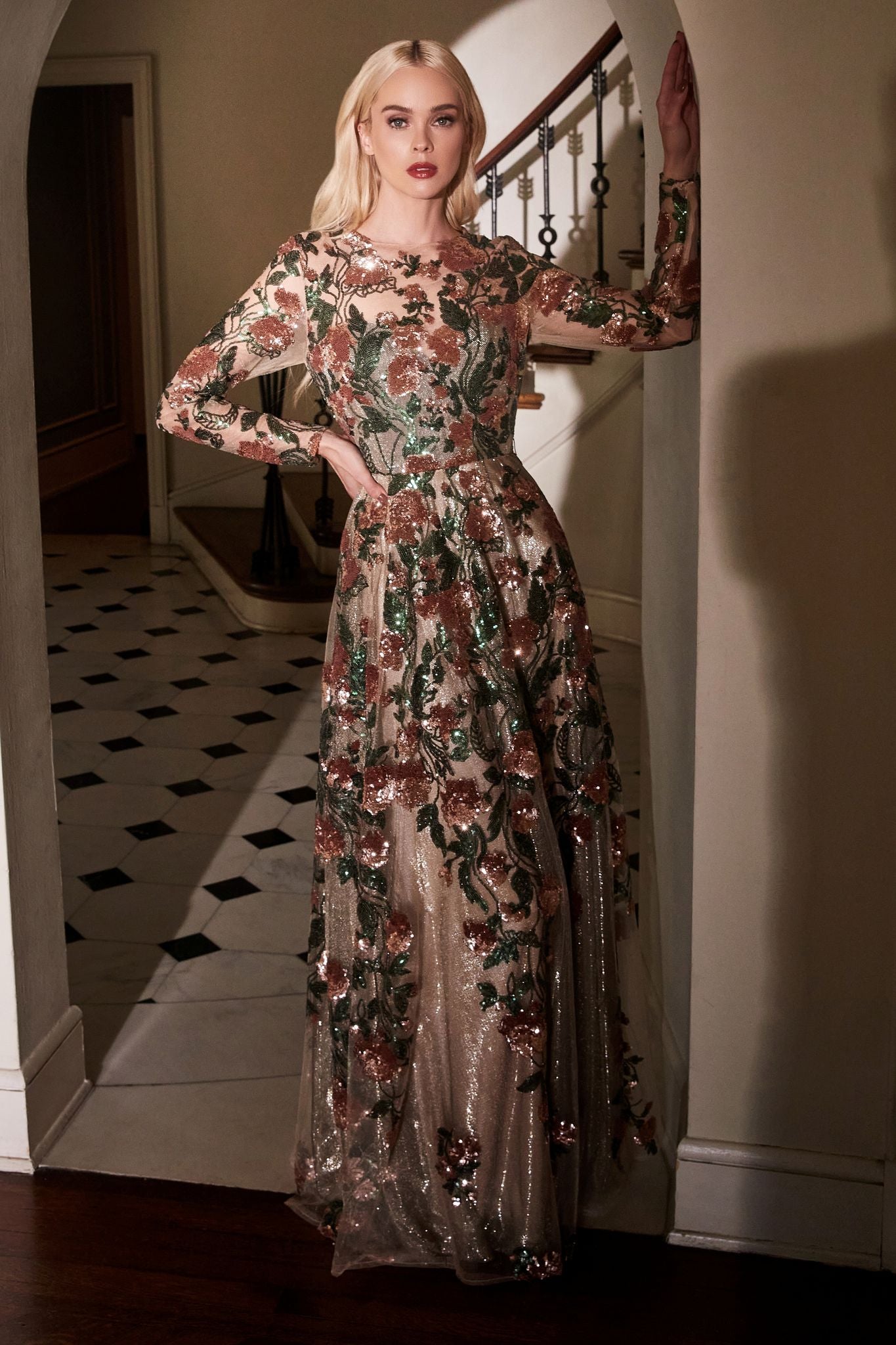 Andrea Leo - Savannah Sequin Flower Detailed Copper Evening Dress Style #A0926