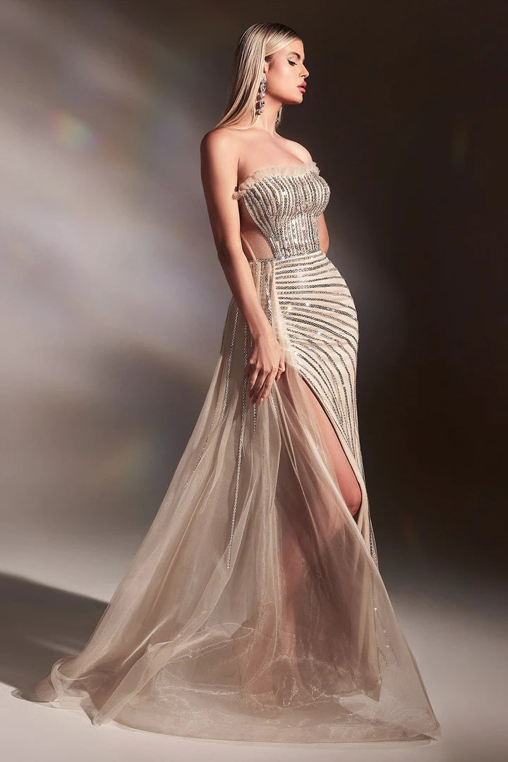 Cinderella Divine RHINESTONE FITTED STRAPLESS SLIT GOWN CD991
