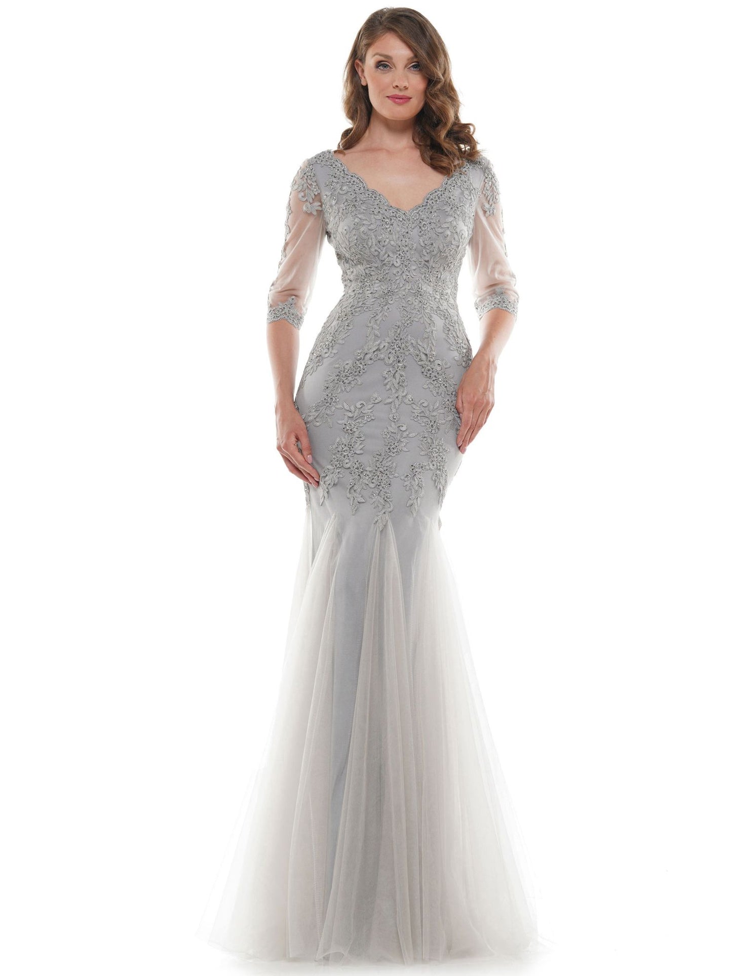 Marsoni by Colors Flower Detailed with Tulle Skirt and Sheer Sleeves Dress M162