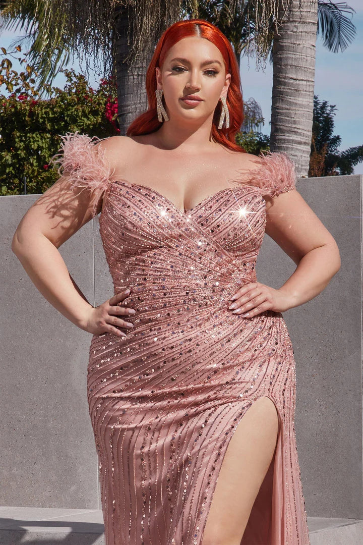 Cinderella Divine SEQUIN OFF SHOULDER FEATHER GOWN CD0207 LA TOP
