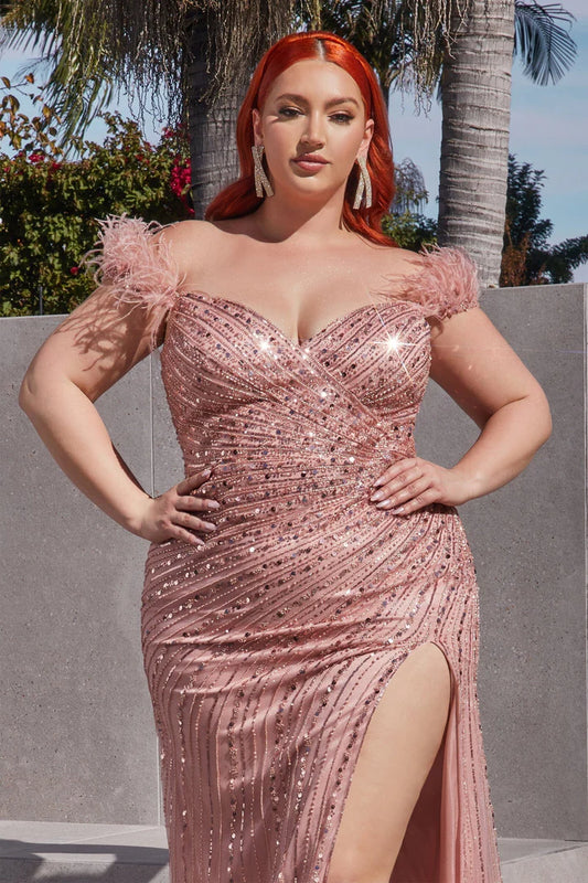 Cinderella Divine SEQUIN OFF SHOULDER FEATHER GOWN CD0207