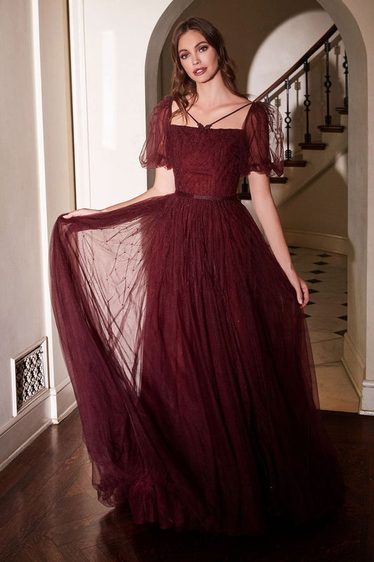 Cinderella Divine - Maroon Puff Sleeve Ball Gown  Style #B712