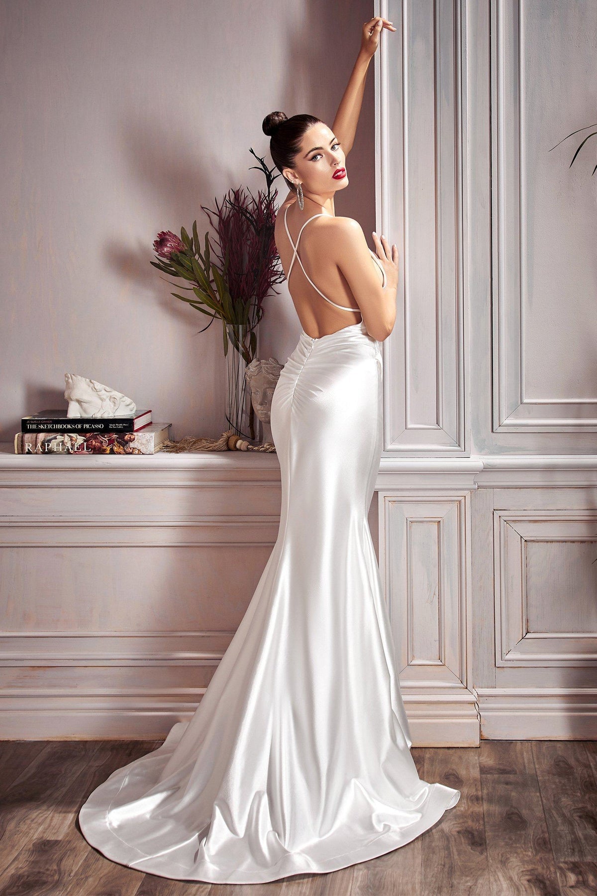 Cinderella Divine Stretch Satin Fitted Deep Neck White Bridal Gown CH236W