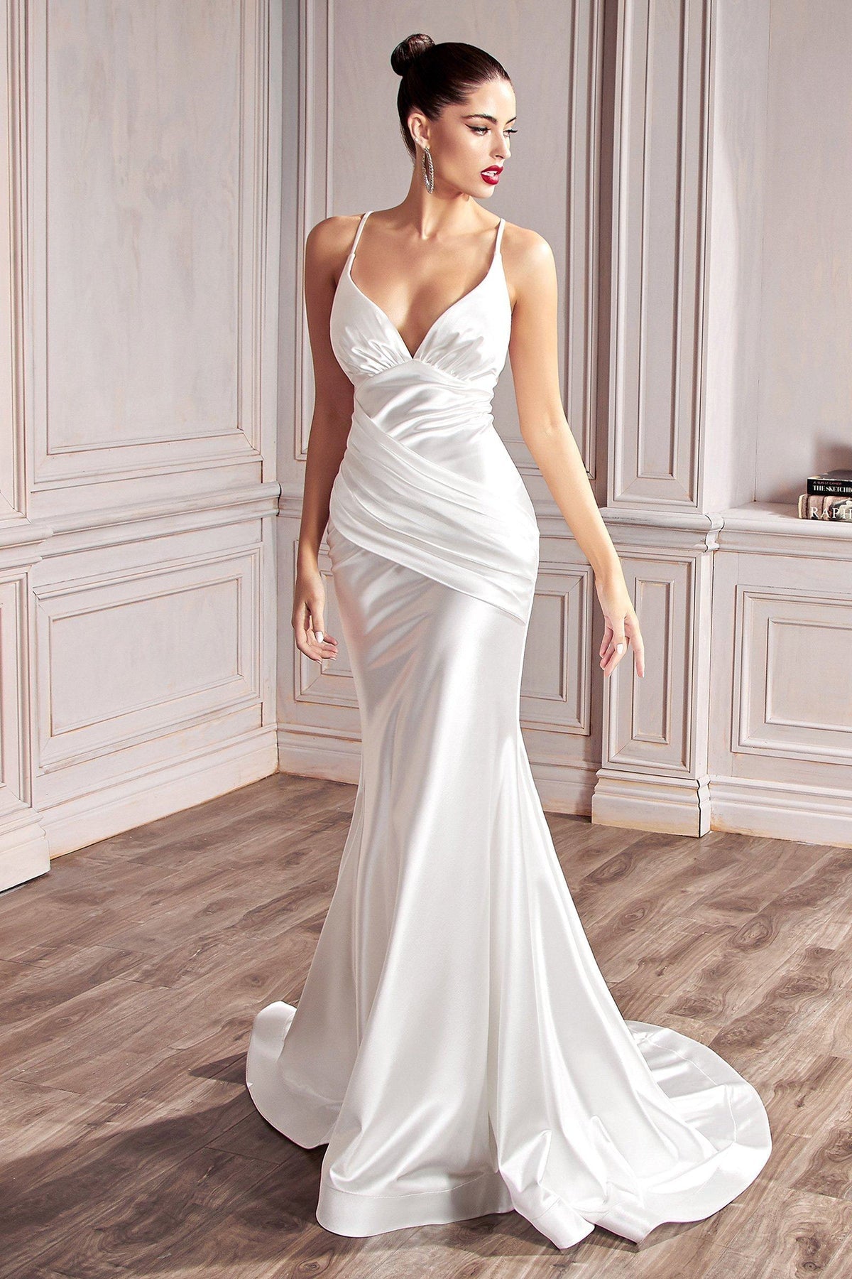 Cinderella Divine Stretch Satin Fitted Deep Neck White Bridal Gown CH236W