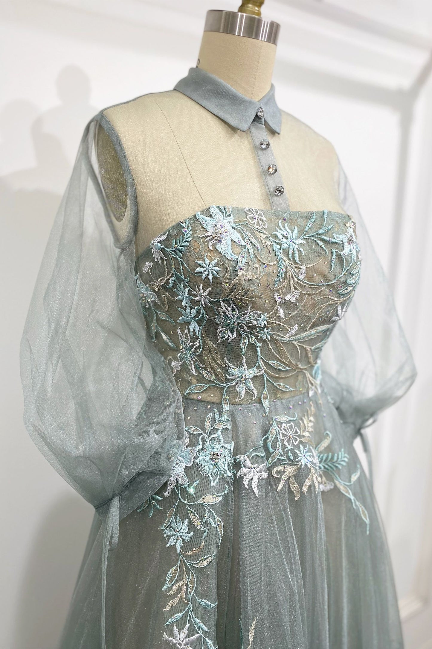 Andrea Leo - Duchesa High Collared Neck with Button Detailed Evening Dress Style #A0862