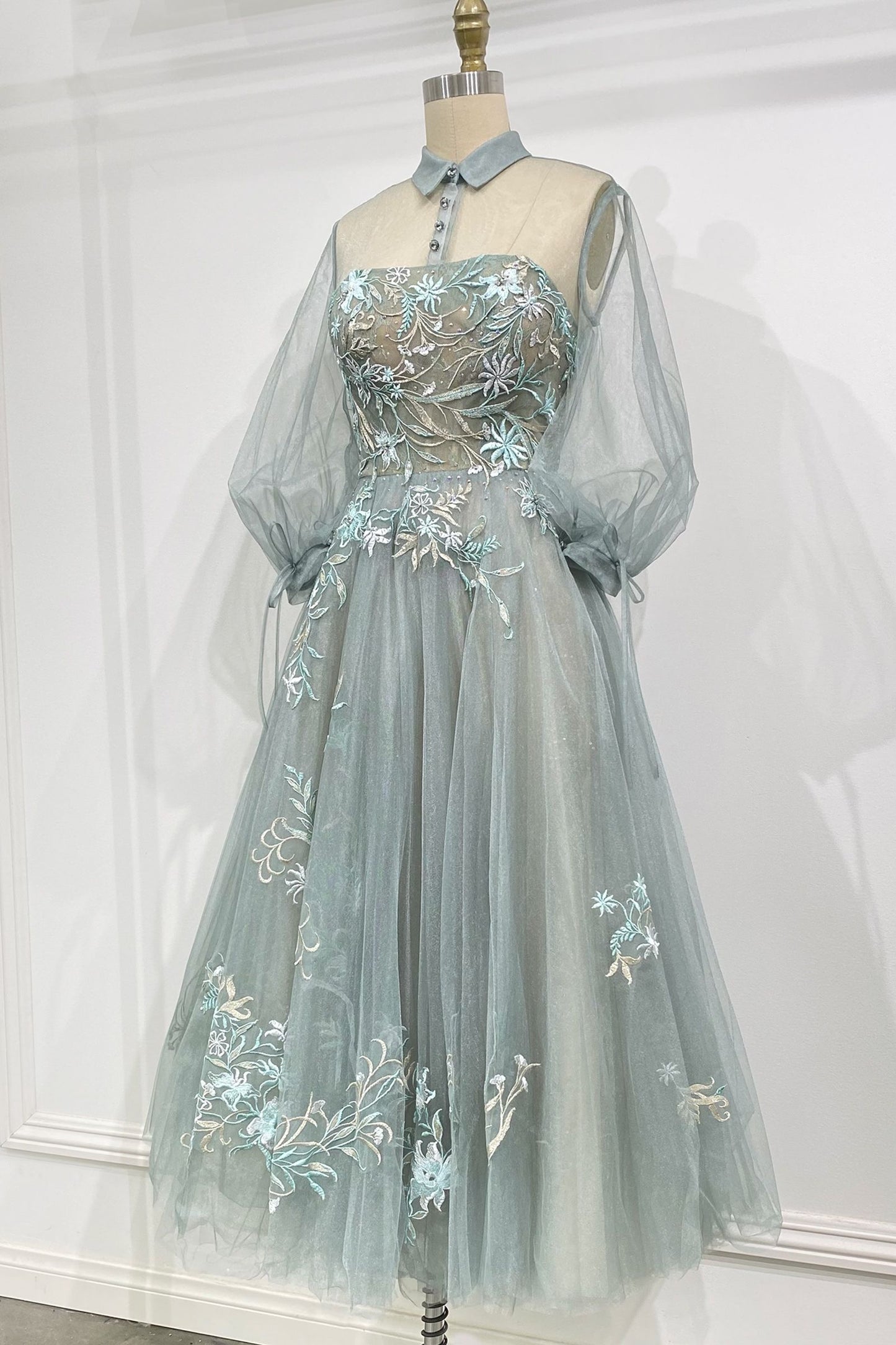 Andrea Leo - Duchesa High Collared Neck with Button Detailed Evening Dress Style #A0862