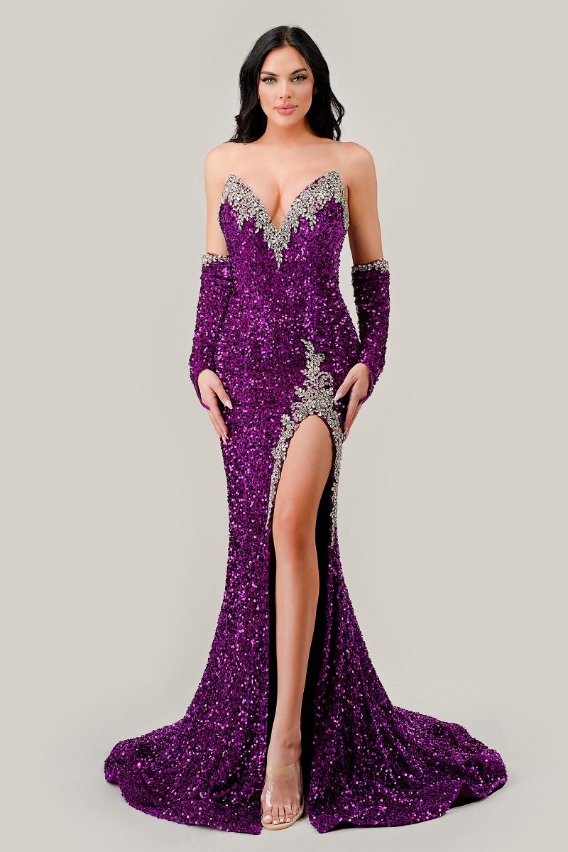 CP639
STRAPLESS SEQUIN GOWN WITH MATCHING GLOVES