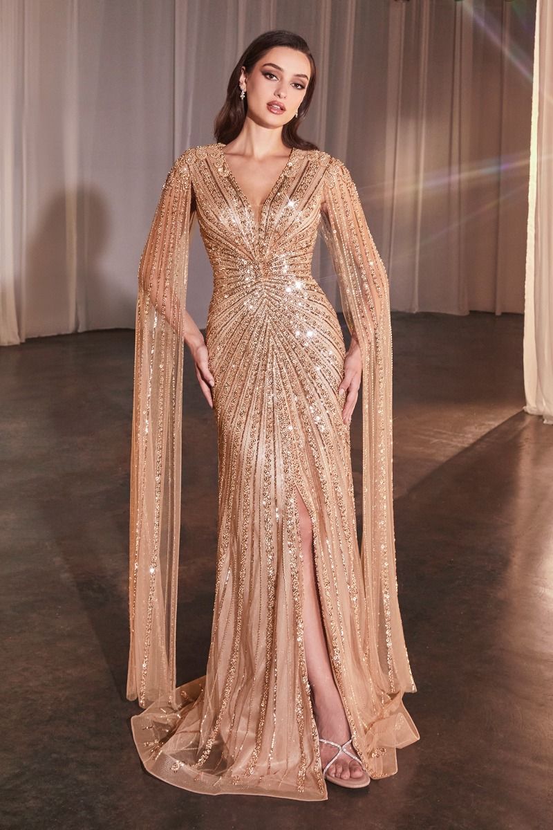 CD0239
LONG SLEEVE FULLY BEADED SHEATH GOWN