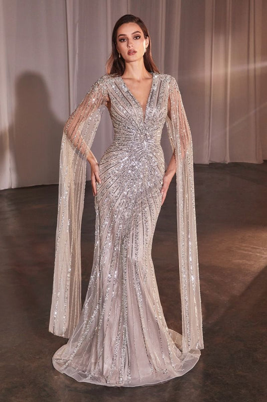 CD0239
LONG SLEEVE FULLY BEADED SHEATH GOWN