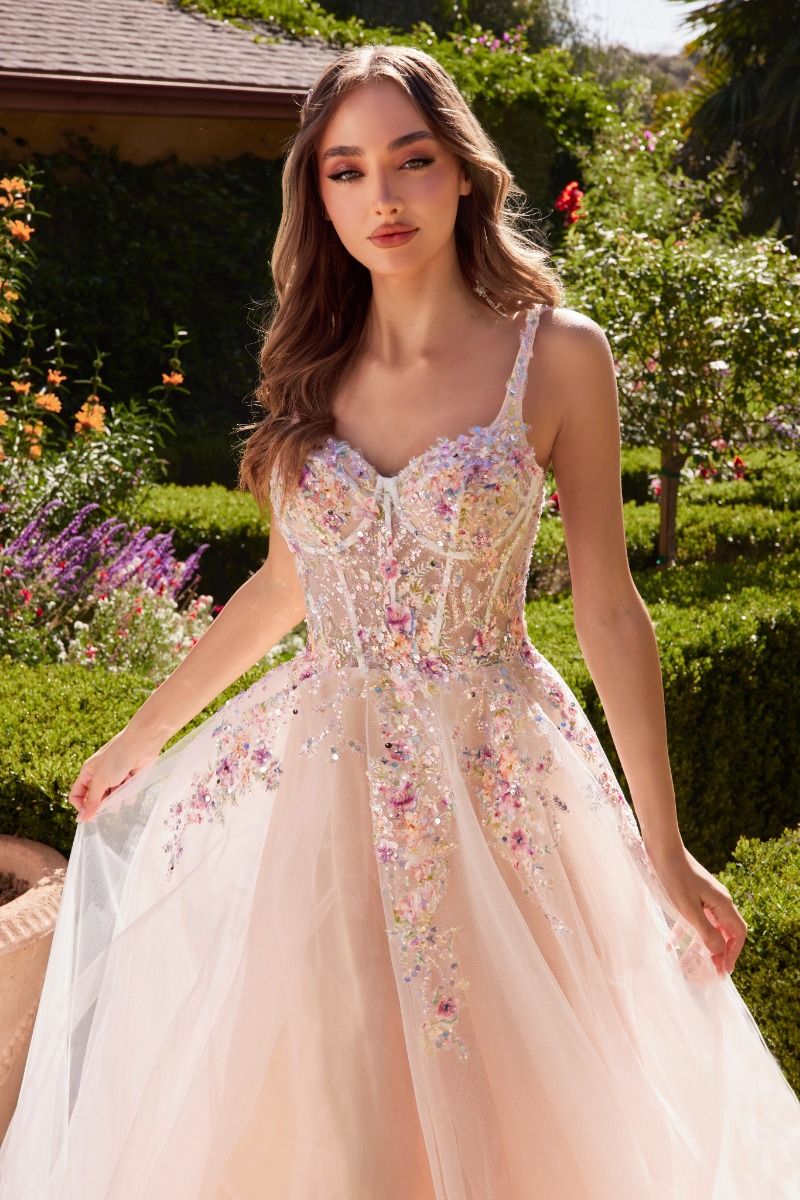 A1288
WHITE A-LINE DRESS WITH MULTI COLORED FLORAL EMBELLISHMENT