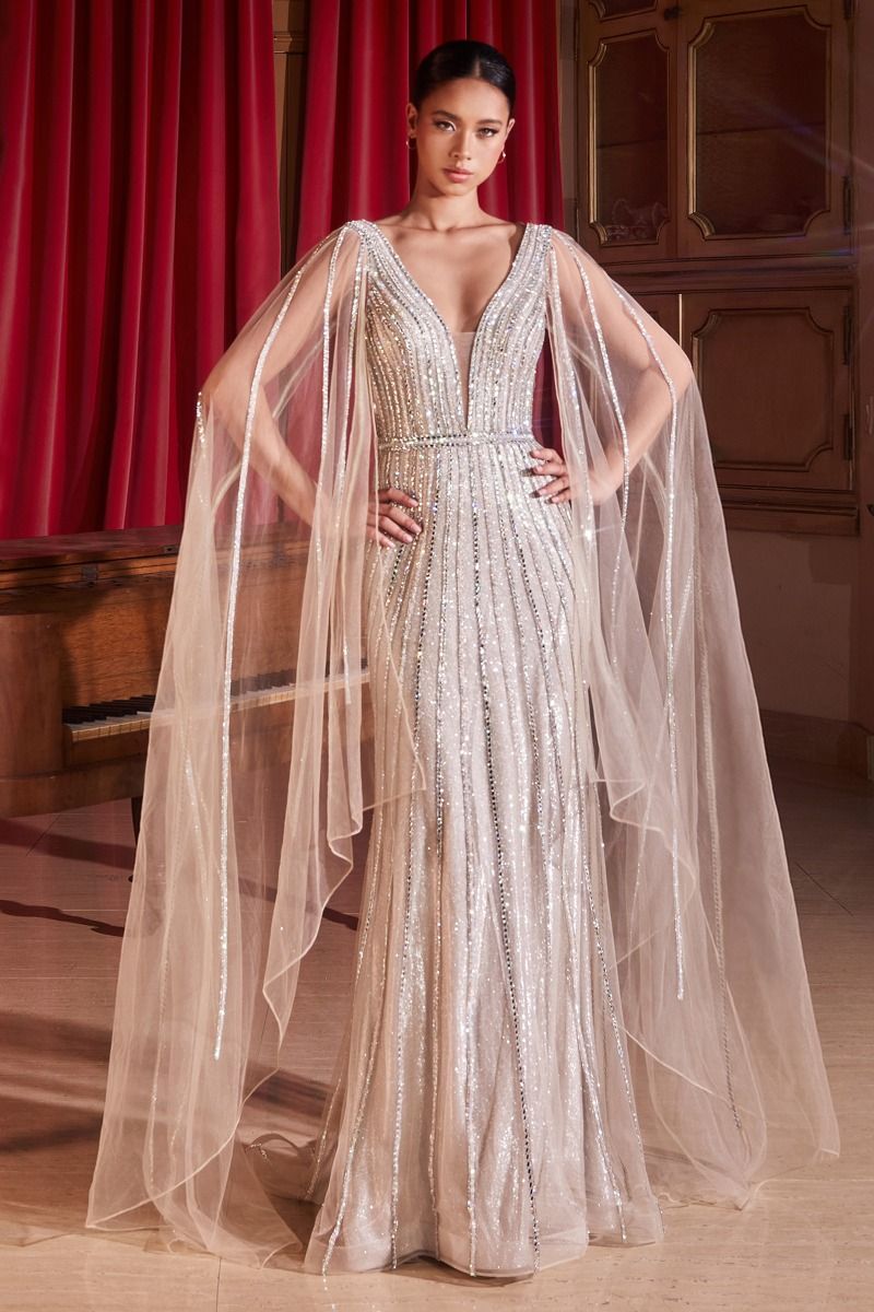 CD865
EMBELLISHED LONG CAPE SLEEVE GOWN