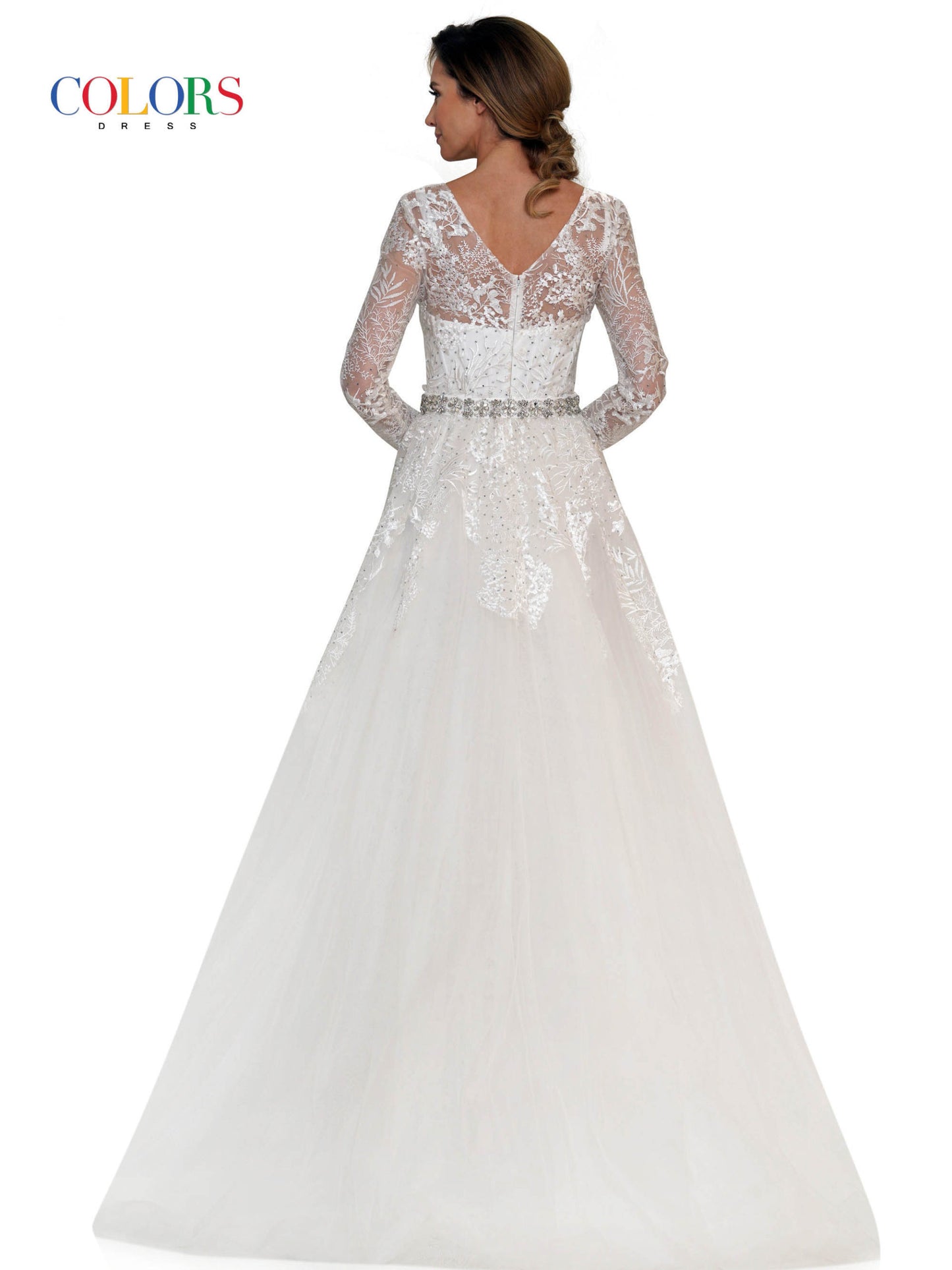 Colors Lace Sheath Long Sleeve Gown with Overskirt 1830SL