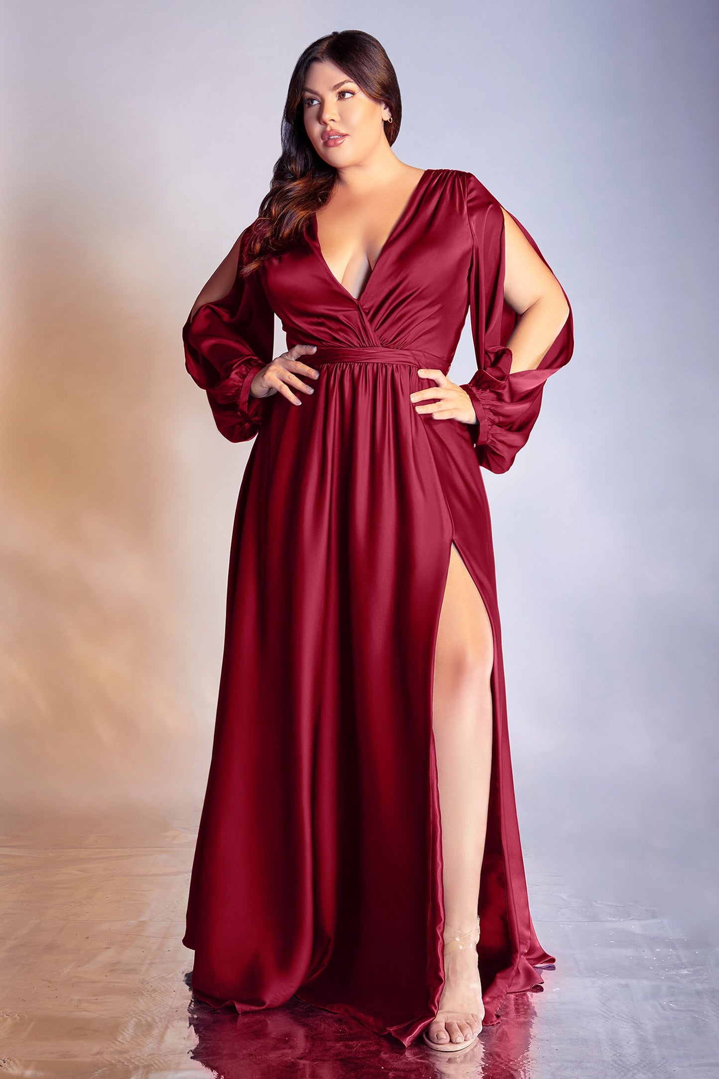 Cinderella Divine Curvy Fit Satin Long Sleeve Gown  Style #7475C