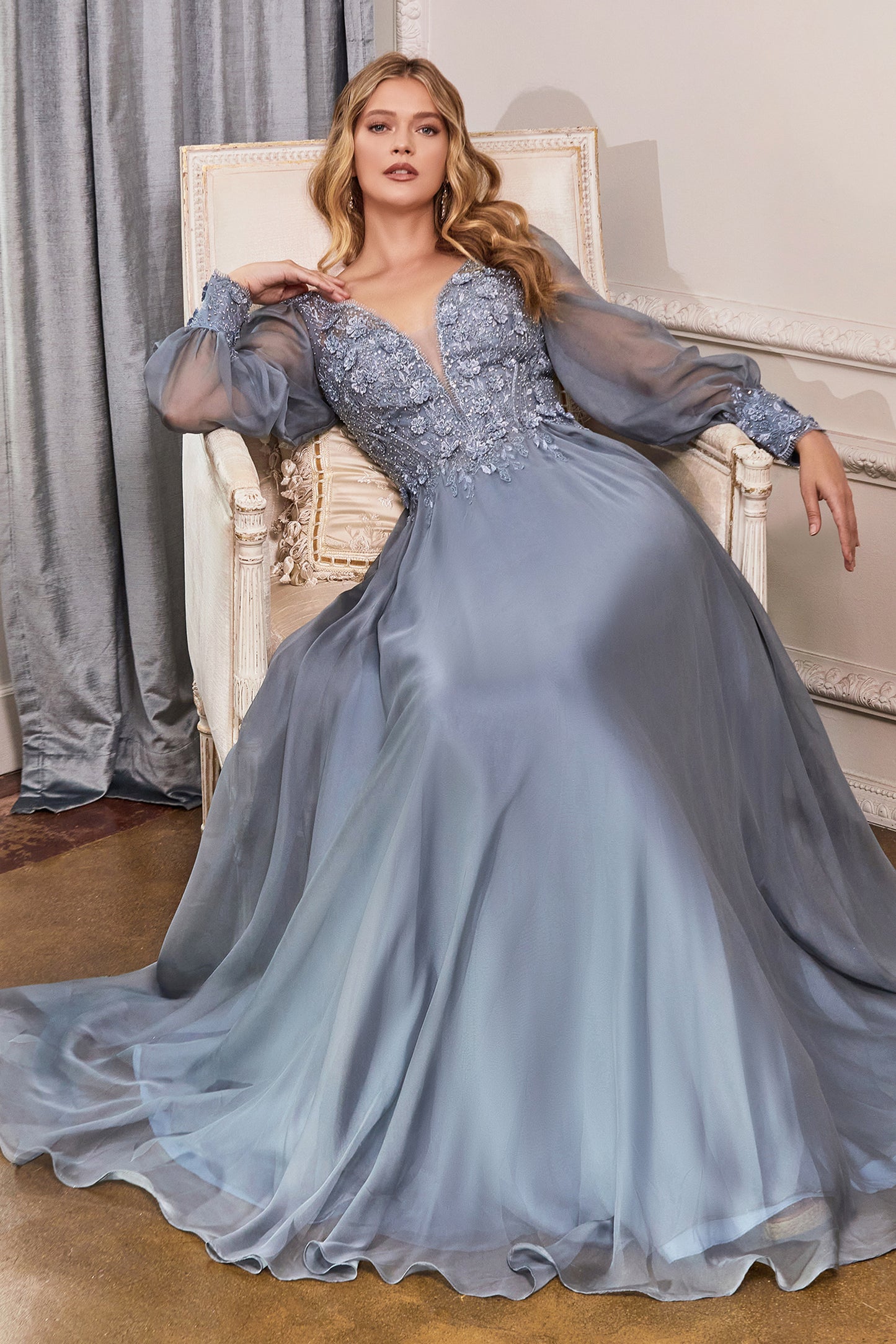Cinderella Divine - Long Sleeve Chiffon Evening Gown CD0183