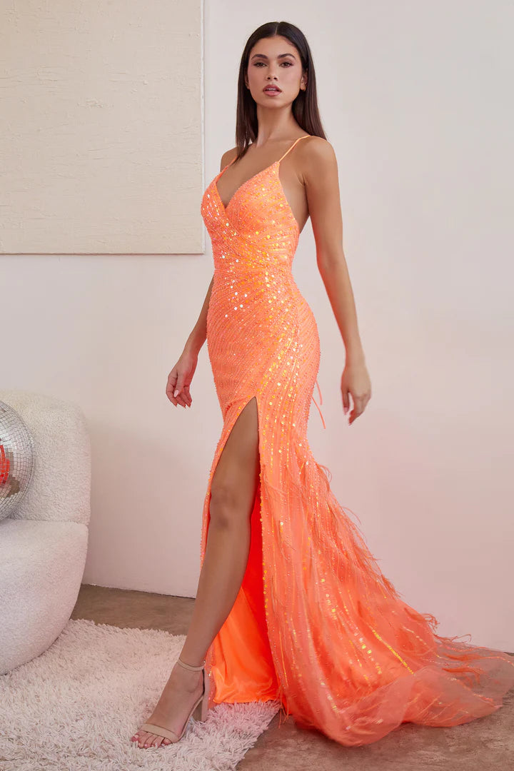 Cinderella Divine FITTED SEQUIN FEATHER SLIT GOWN CD0209