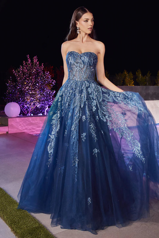 Cinderella Divine GLITTER APPLIQUE STRAPLESS TULLE GOWN J852