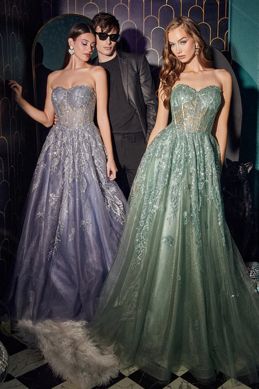 Cinderella Divine GLITTER APPLIQUE STRAPLESS TULLE GOWN J852