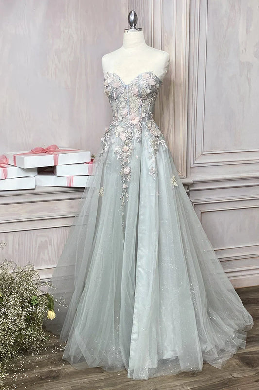 Andrea Leo 3D floral applique long strapless dress with A-line slit skirt A1089