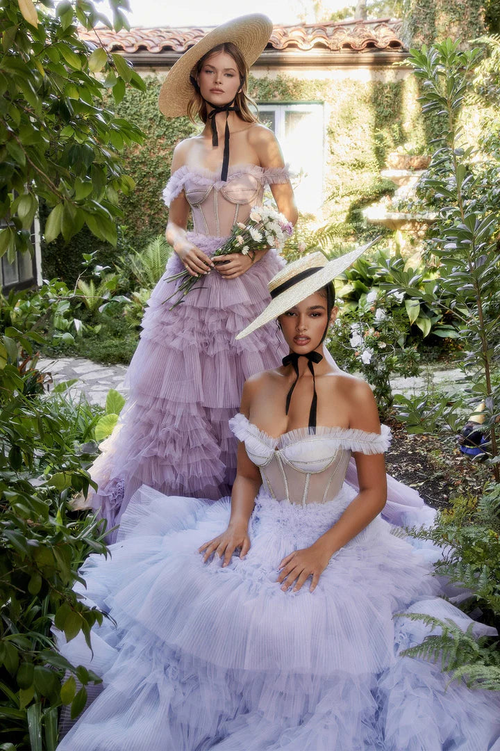 Andrea Leo Beaded long off the shoulder corset dress with A-line ruffled tulle skirt A1150 12 / Blue