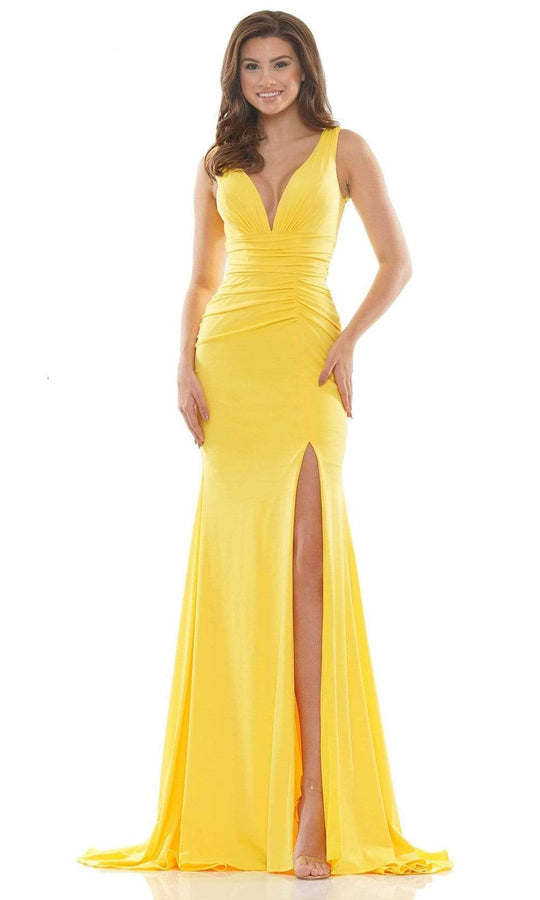 Colors Ruched High Slit Mermaid Plunging V-Neckline Gown 2694