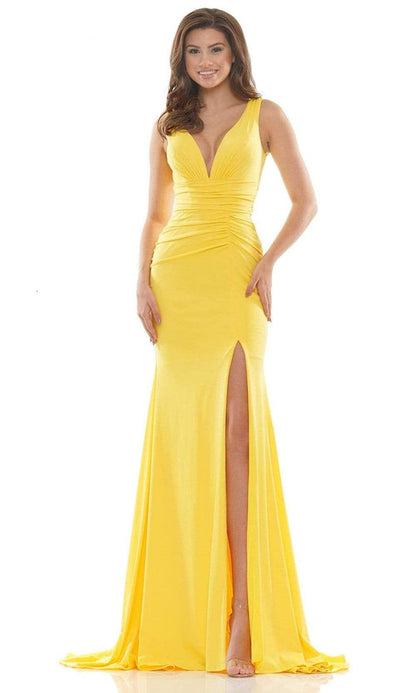 Colors Ruched High Slit Mermaid Plunging V-Neckline Gown 2694 LA TOP DIVAS Colors Ruched High Slit Mermaid Plunging V-Neckline Gown 2694 LA TOP DIVAS