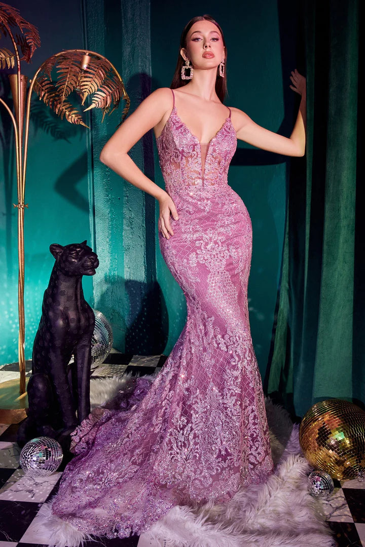 Cinderella Divine GLITTER PRINT V-NECK MERMAID GOWN CC2189 4 / Neon Pink