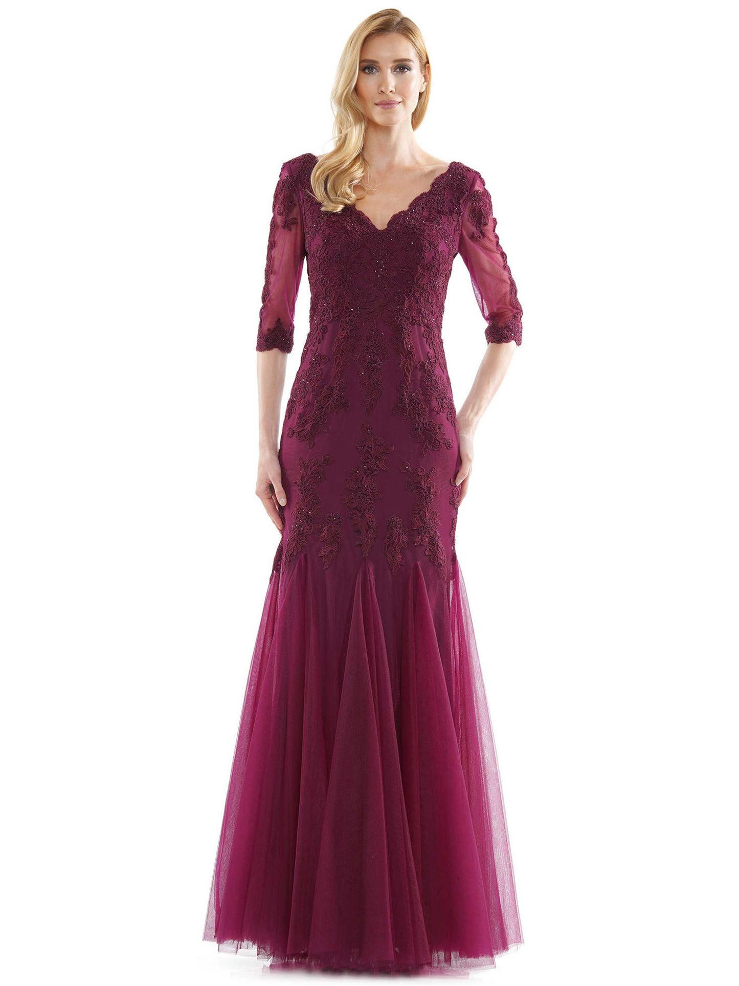 Marsoni by Colors Flower Detailed with Tulle Skirt and Sheer Sleeves Dress M162
