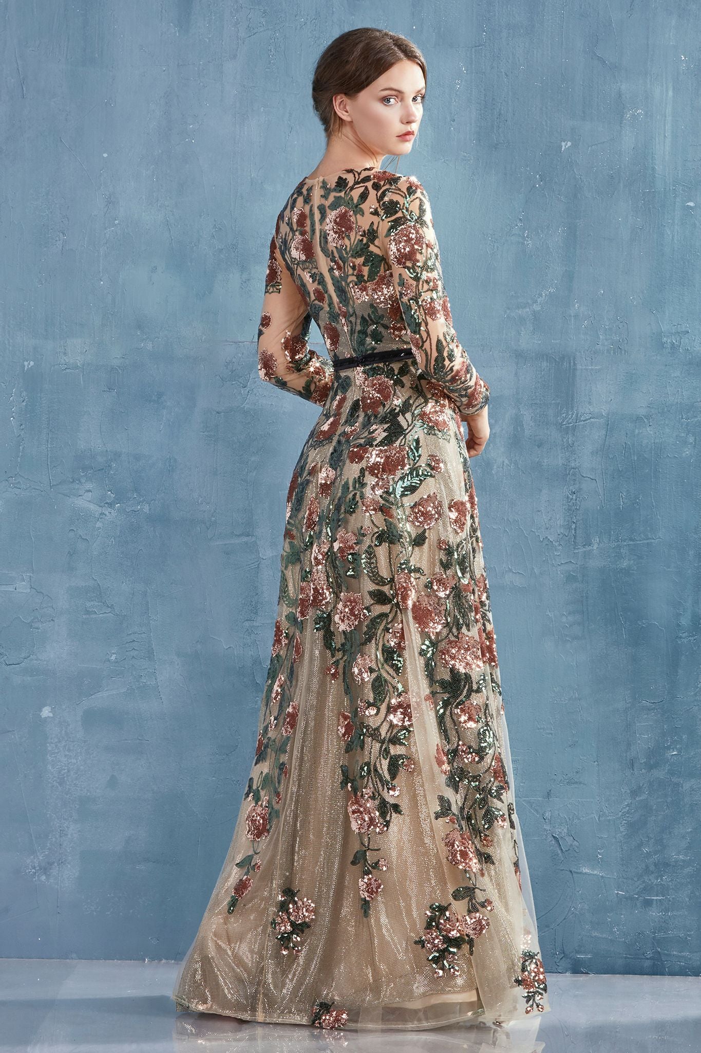 Andrea Leo - Savannah Sequin Flower Detailed Copper Evening Dress  Style #A0926
