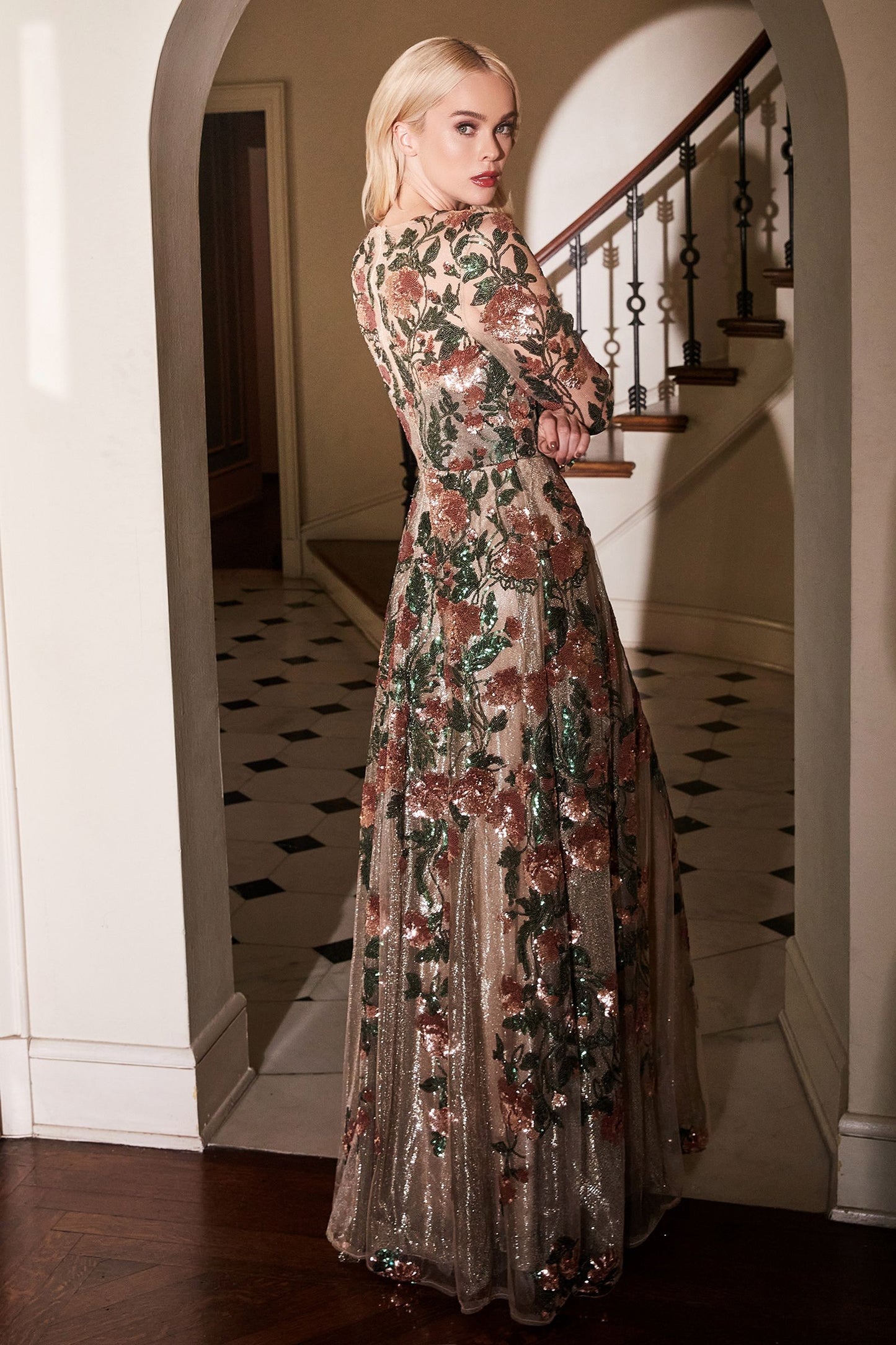 Andrea Leo - Savannah Sequin Flower Detailed Copper Evening Dress  Style #A0926