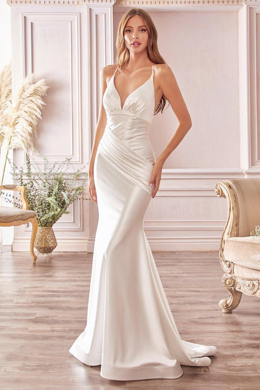 Cinderella Divine Stretch Satin Fitted Deep Neck White Bridal Gown CH236W